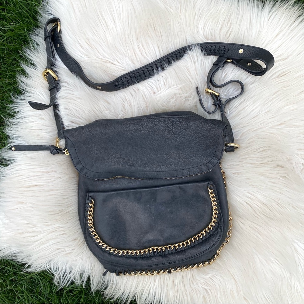 Sabina New York Black Leather Messenger Bag with Gold Detail